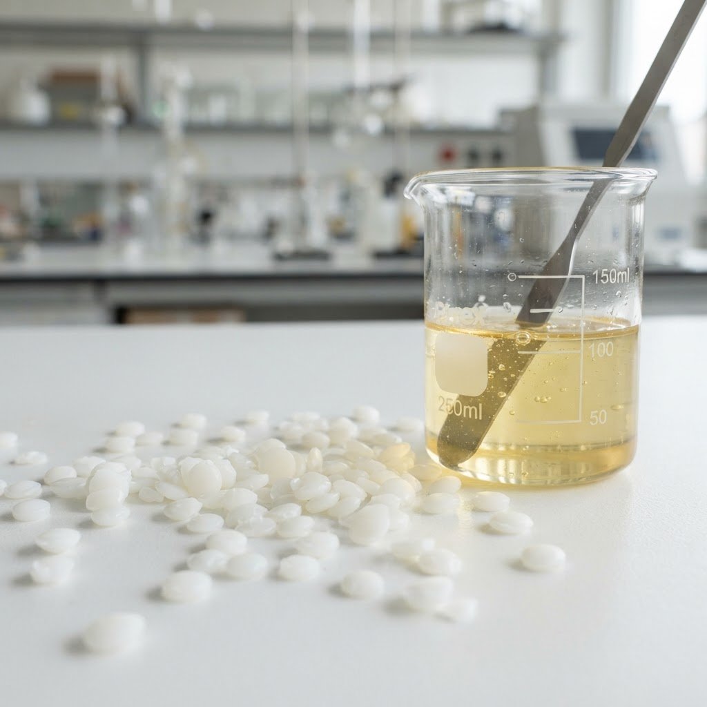 White paraffin wax pellets scattered on surface with melted wax in glass beaker, refined petroleum wax product